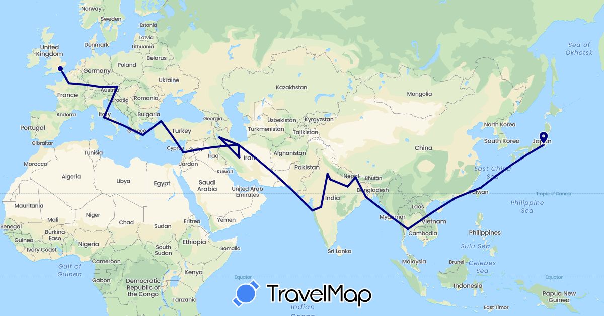 TravelMap itinerary: driving in Austria, China, Germany, France, United Kingdom, Greece, India, Iran, Italy, Japan, Lebanon, Myanmar (Burma), Nepal, Thailand, Turkey, Taiwan (Asia, Europe)
