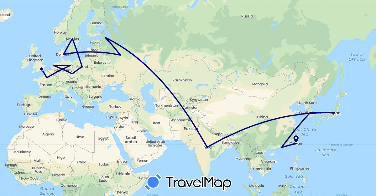 TravelMap itinerary: driving in China, Czech Republic, Germany, Denmark, France, United Kingdom, India, Japan, South Korea, Netherlands, Poland, Russia, Sweden, Taiwan (Asia, Europe)
